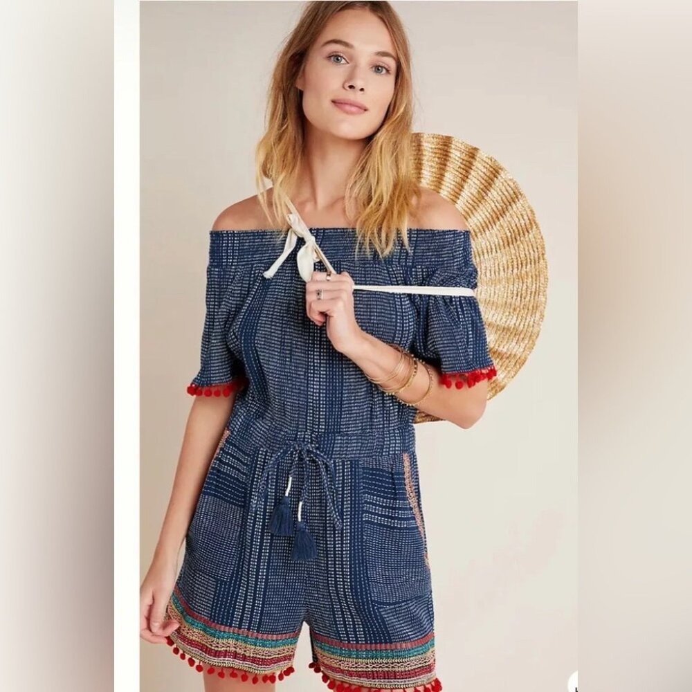 THML Anthropologie Lacey Pommed Pom Pom Off The Shoulder Romper -  Size S
